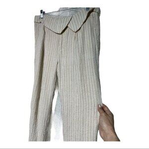 Beige Striped‎ High-Waisted Linen-Blend Lagenlook  Pants Size L